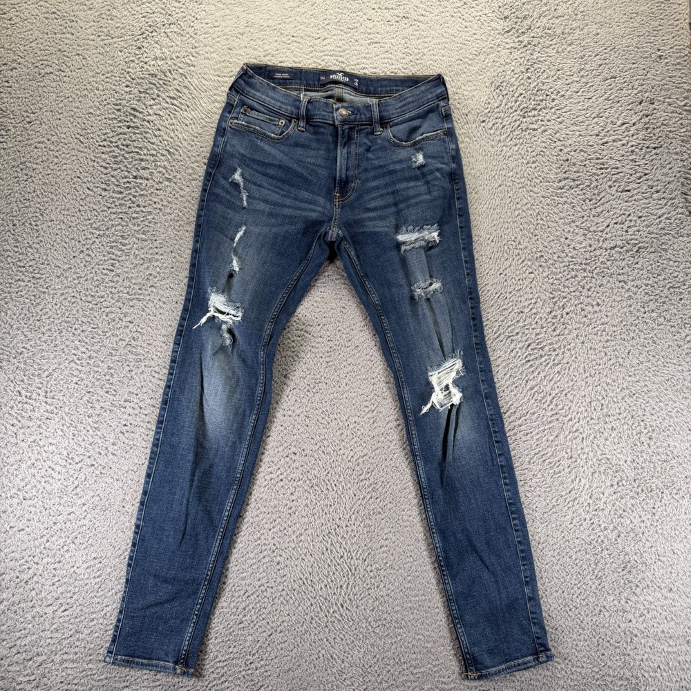 Hollister Jeans Men 31x32 Blue Cotton Denim Skinny Workwear Distressed Stretch